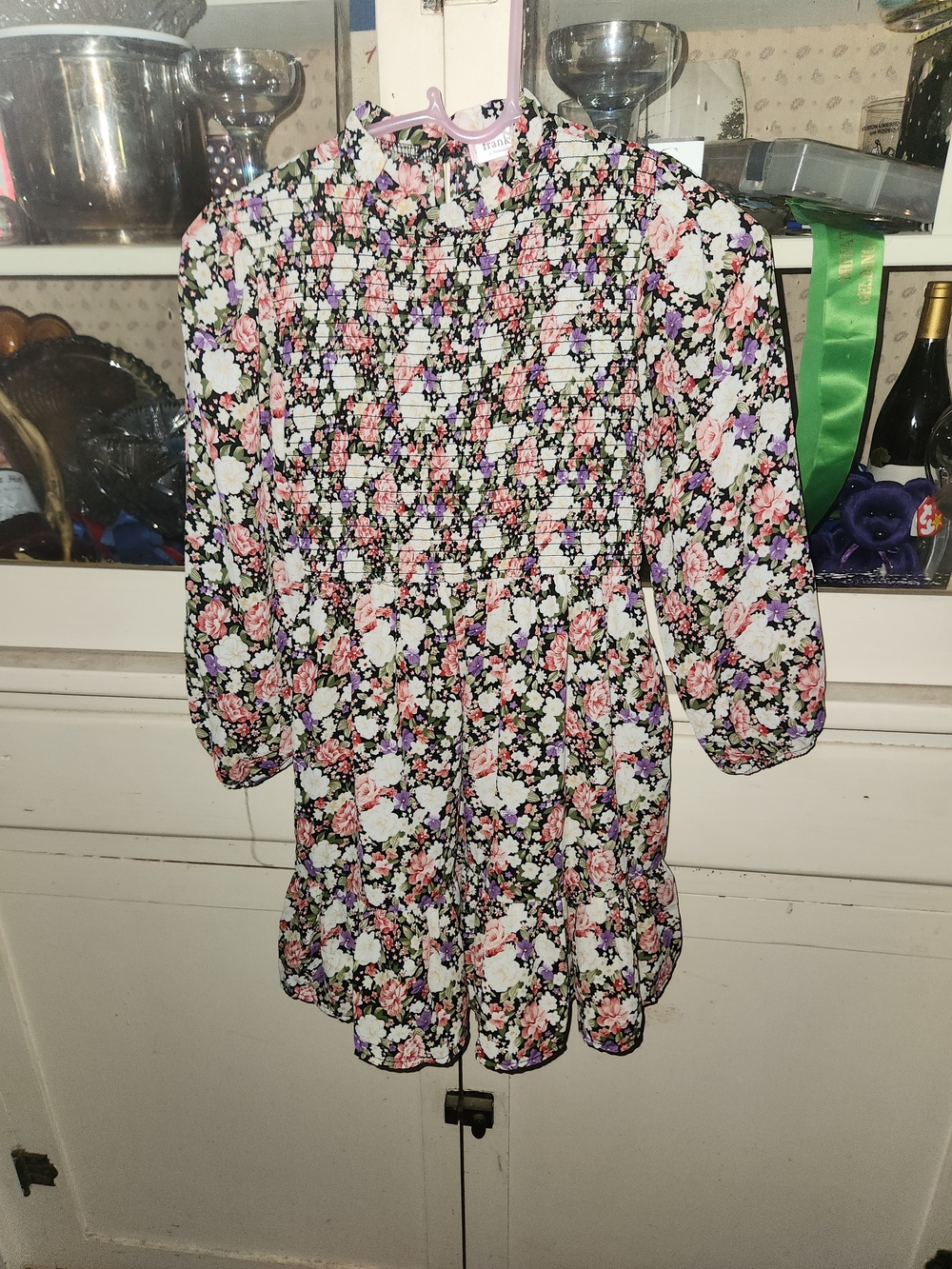 Floral Smocked Long-Sleeve Mini Dress Jacket - Pink/Black